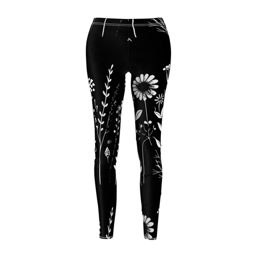 Leggings casuales de corte y coser de flores en blanco y negro (AOP)