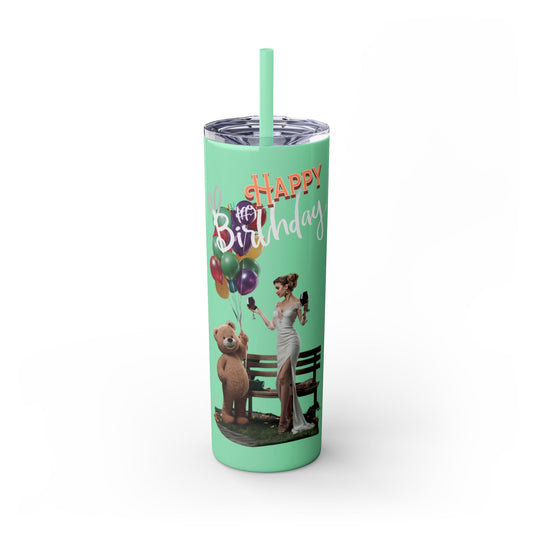 Lá breithe sona skinny tumbler le tuí, 20oz