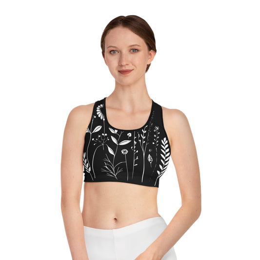 Soutien-gorge de sports de fleurs en noir et blanc (AOP)