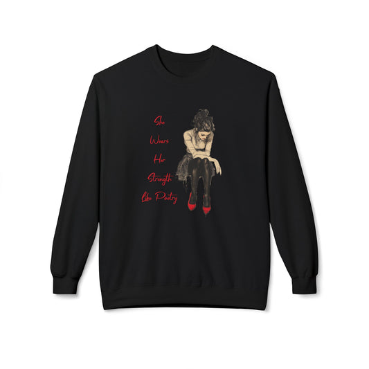 Sie trägt ihre Kraft wie Poesie Unisex im Mittelgewicht Softstyle Fleece Crewneck Sweatshirt