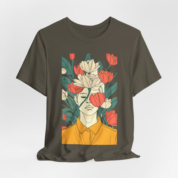 Campa de manga curta de camisa unissex de homem e flor