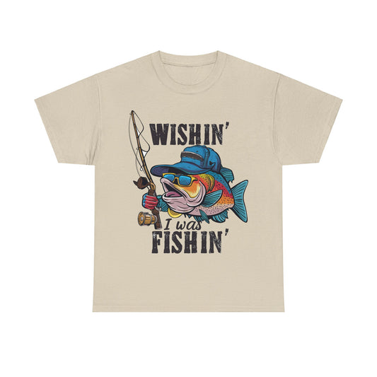 Whishish eu estava pescando, pisando camiseta de algodão pesado unissex