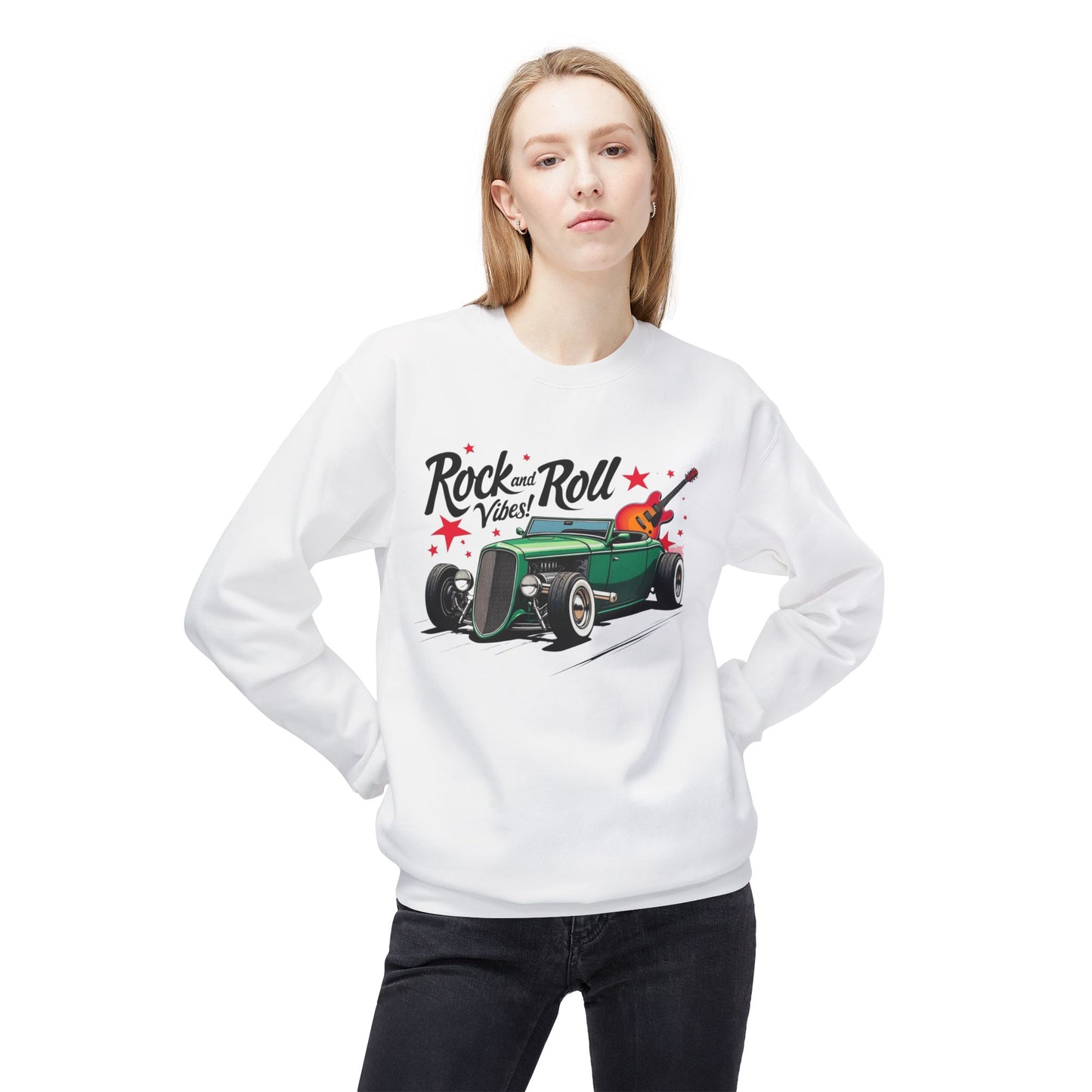 Rock & Roll Vibes Unisex Midweight SoftStyle Fleece Crewneck -paita - EmpressKorea