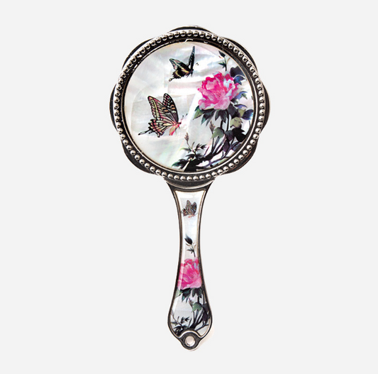 Hand Mirror With Beautiful Mother Of Pearl Handle, Mother Of Pearl Handle Mirror - Damhwa Butterfly / Made In Korea - EmpressKorea