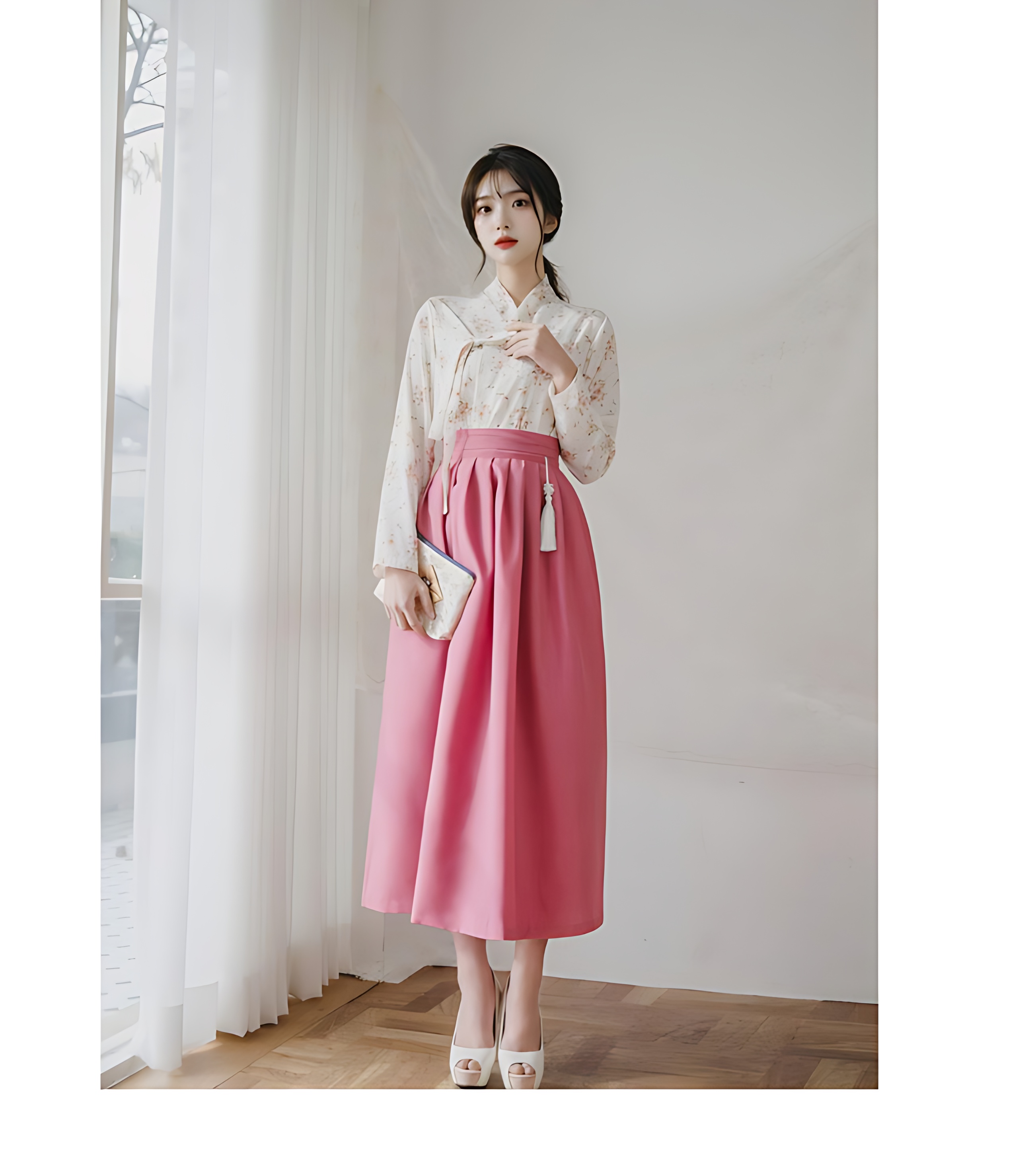 CHU Women's Modern Hanbok Cherry Blossom Ending Jeogori + Naeun Rose Waist Skirt