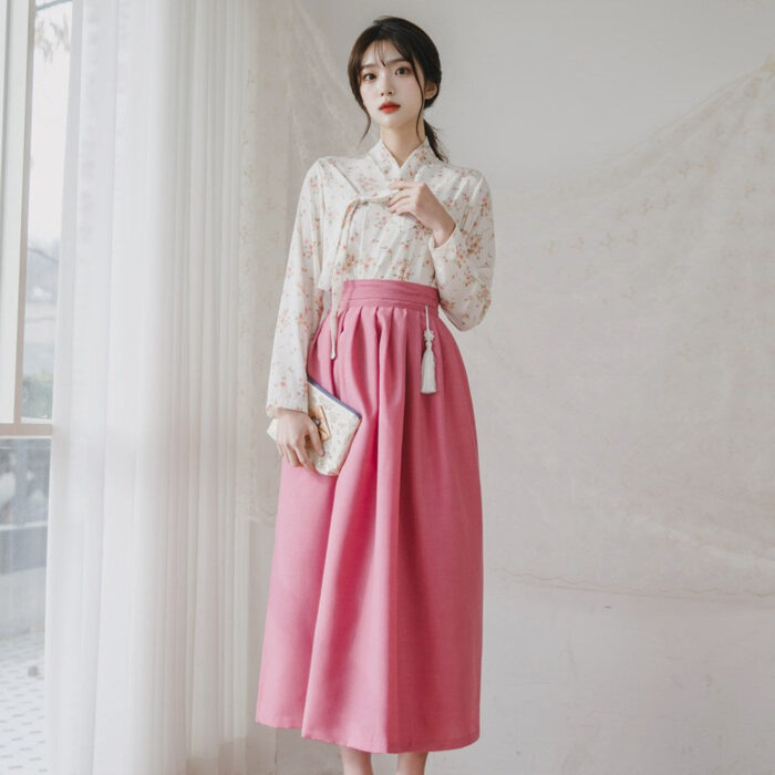 CHU Women's Modern Hanbok Cherry Blossom Ending Jeogori + Naeun Rose Waist Skirt