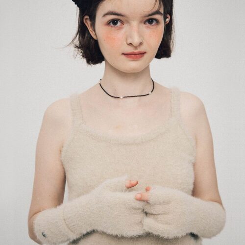 FUNFROMFUN FUZZY KNIT LONG GLOVES, BEIGE - EmpressKorea