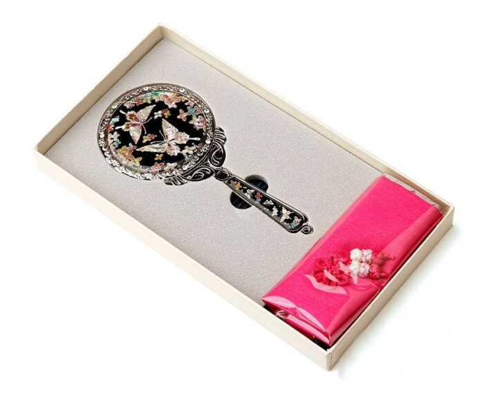 Hand Mirror With Beautiful Mother Of Pearl Handle, Mother Of Pearl Pocket Hand Mirror - Flower Butterfly / Made In Korea - EmpressKorea