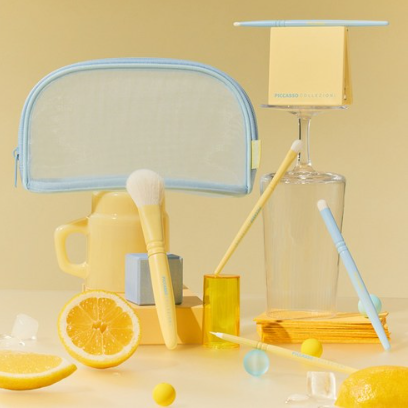 PICCASSO COLLEZIONI Lemon & Cream Soda Edition Makeup Brushes(5Types)+Dual Mirror+Mesh Pouch Full Set - EmpressKorea