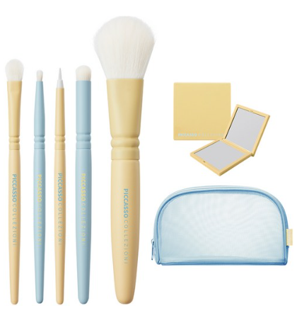 PICCASSO COLLEZIONI Lemon & Cream Soda Edition Makeup Brushes(5Types)+Dual Mirror+Mesh Pouch Full Set - EmpressKorea