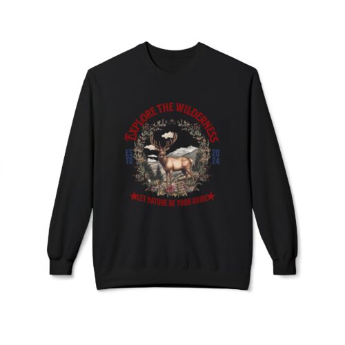 "meta_description": "Stay cozy with the Explore the Wilderness Unisex Sweatshirt, featuring soft fleece comfort.",