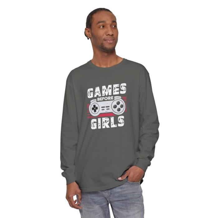 Games before girls Unisex Garment-dyed Long Sleeve T-Shirt - Image 3