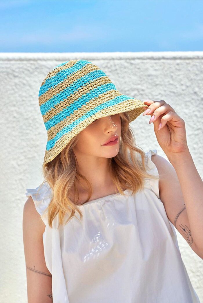 VARZAR Bucket Hat Striped Paper Bucket Hat Blue - EmpressKorea