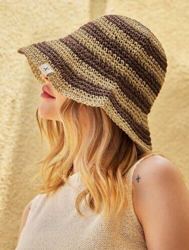 VARZAR Bucket Hat Striped Paper Bucket Hat Brown - EmpressKorea