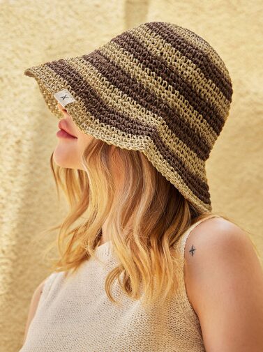 VARZAR Bucket Hat Striped Paper Bucket Hat Brown - EmpressKorea