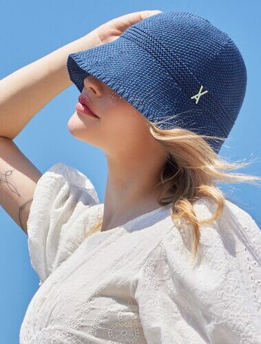 VARZAR Bucket Hat Stud Logo Summer Knit Bucket Hat Navy - EmpressKorea