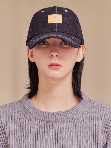 VARZAR VA Square Denim Label Ball Cap Black Blue - EmpressKorea