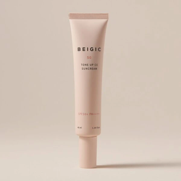 "meta_description": "Discover BEIGIC Tone Up CE Suncream SPF 50+, a vegan sunscreen that blurs redness and enhances protection.",