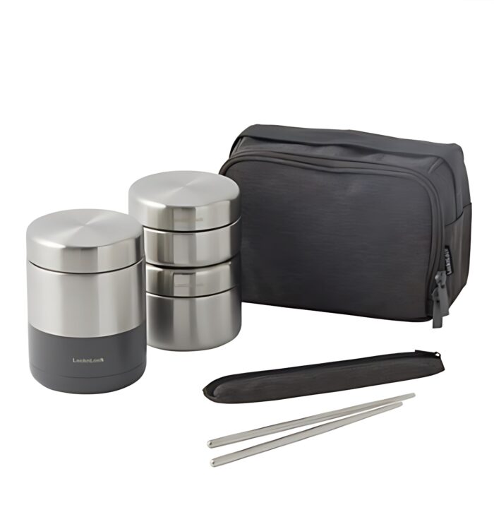LocknLock Stainless Steel Thermal Gray Lunch Box 450ml + Bag Set