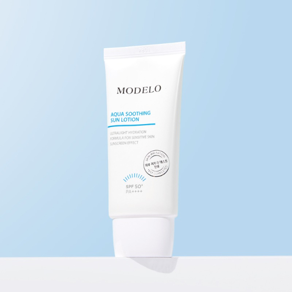 "meta_description": "MODELO Aqua Soothing Sun Lotion offers hydrating sunscreen protection, perfect for sensitive skin.",