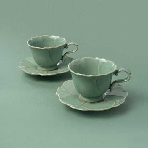 Korean Celadon Camellia Flower Coffee Cup Set (2pcs) - Handcrafted by Yoon Tae-young