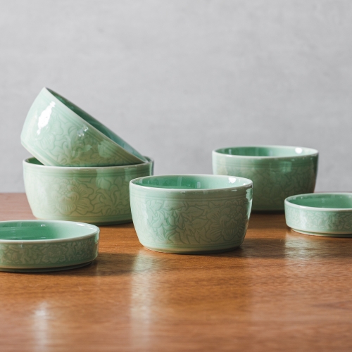 Gangjin Celadon Peony Arabesque Tableware Set for 2 by Master Kim Kyung-jin (Gukbo)