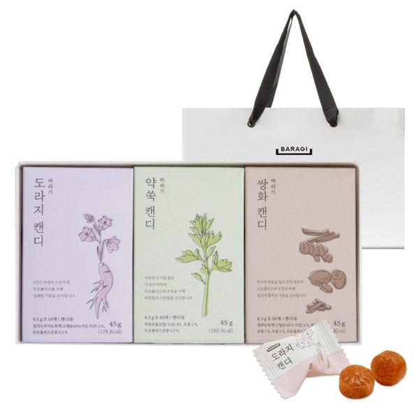 Baragi Traditional Korean Candy Gift Set - Doraji Bellflower + Yakssuk Mugwort + Ssanghwa Herbal, 1 Set with Shopping Bag